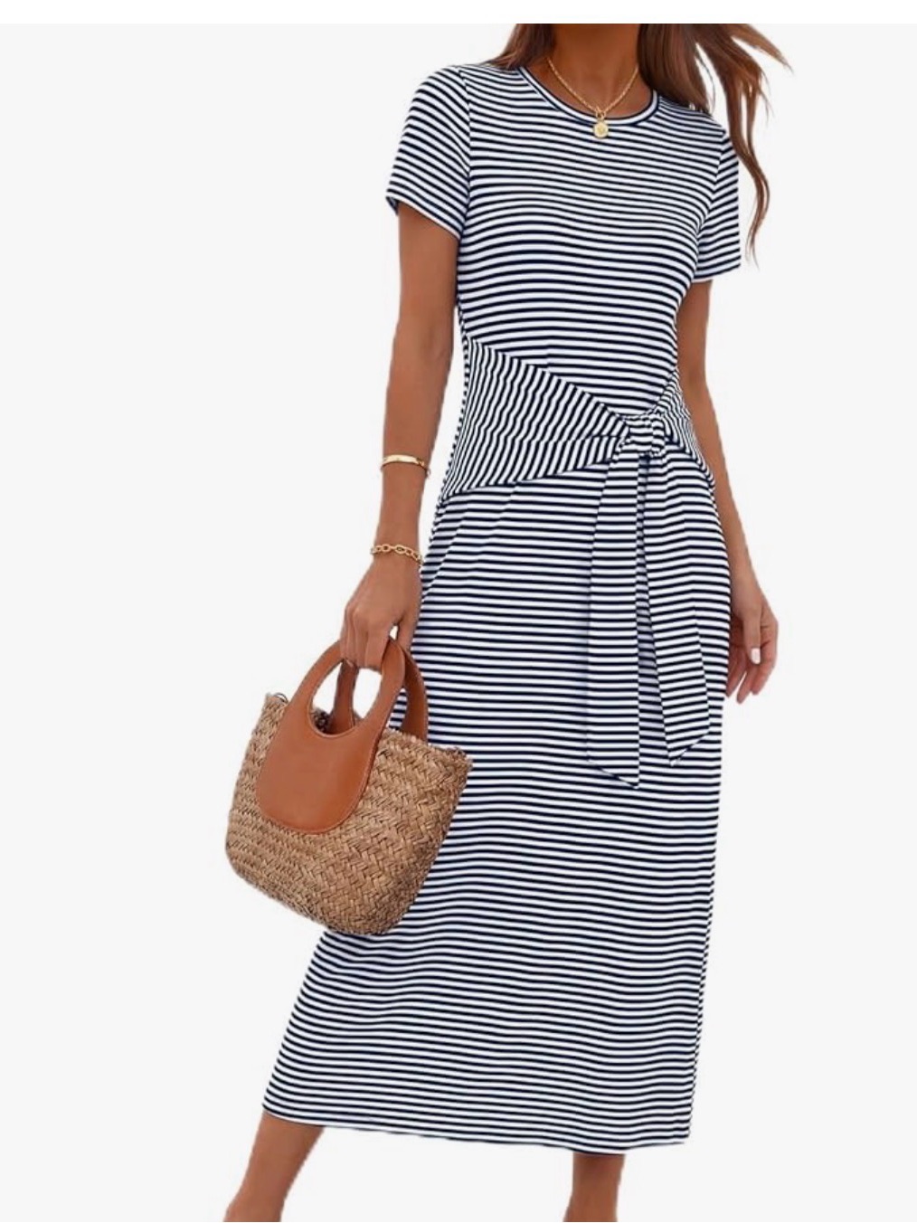 Striped Tie-Waist Midi Dress - Navy/White